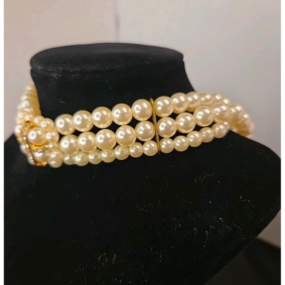 Vintage 3 Strand Faux Pearl Bridal Choker Goldtone & Rhinestone Accents 12"-16" - Picture 3 of 10